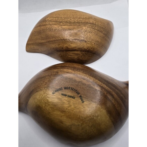 Vintage Monkey Pod Hardwood Hawaii Hand Carved Bowl Leaf 1950s Pair - Picture 6 of 10